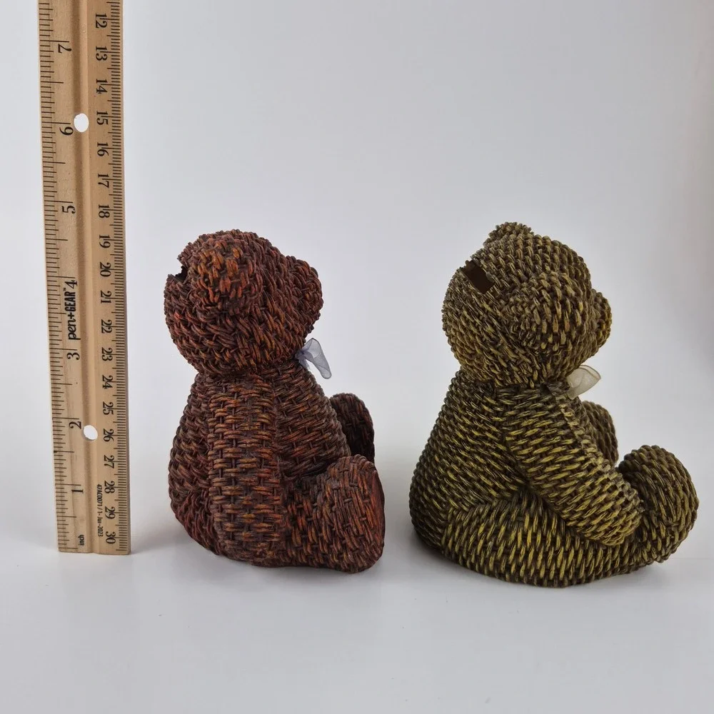 Vintage Faux Wicker Resin Teddy Bear Figurine Set Brown Green Country Decor 2pc